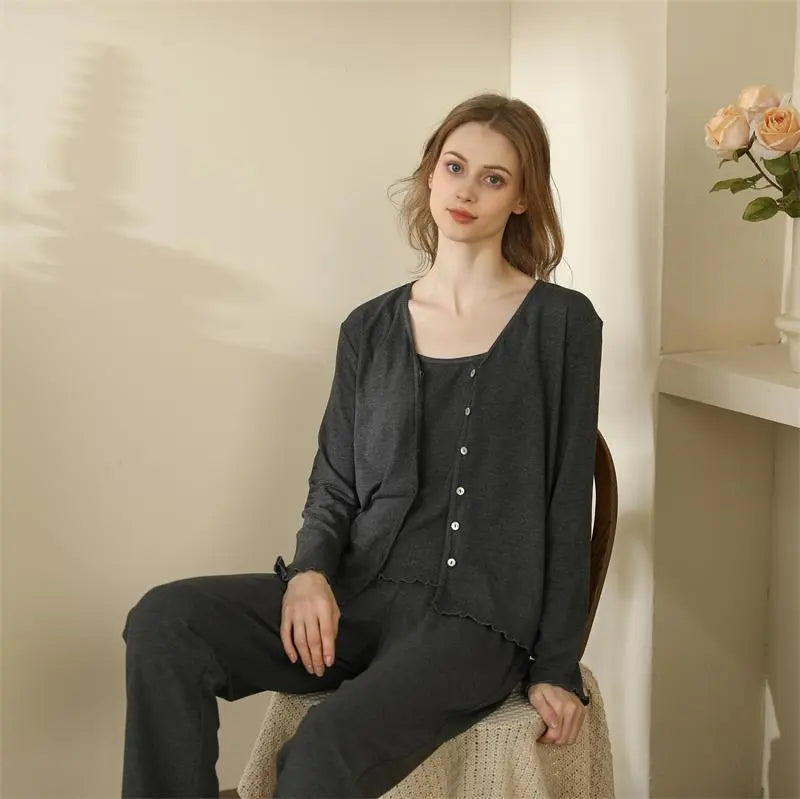 Homewear With Braces Cardigan French Style Three-piece Pajamas For Women - www.Shopthatapp.com