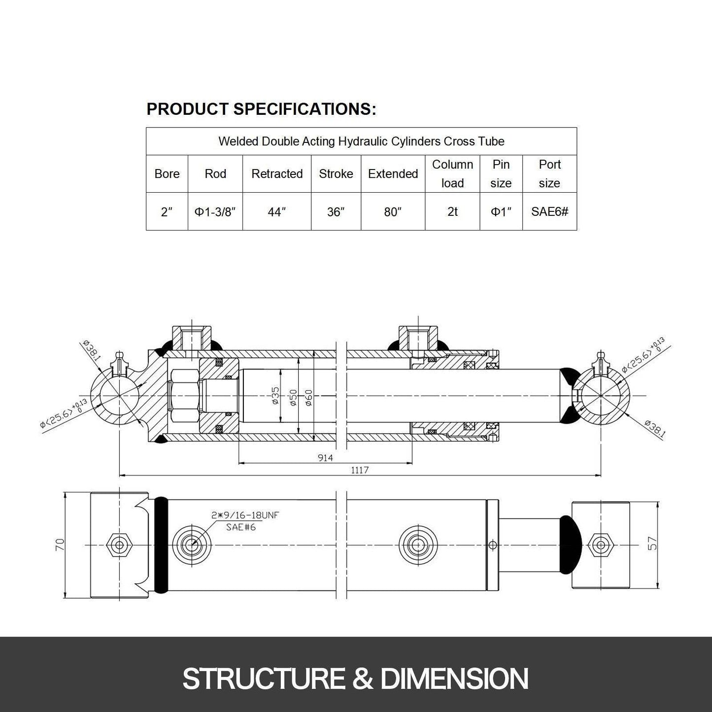 Hydraulic Cylinder 2 Bore 36 Stroke Hydraulic Ram Cylinder 3000psi Hydraulic Cylinders Welded Double Acting Cross Tube SAE6 Port Hydraulic Lifting Cylinder - www.Shopthatapp.com #