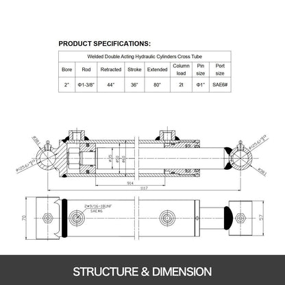 Hydraulic Cylinder 2 Bore 36 Stroke Hydraulic Ram Cylinder 3000psi Hydraulic Cylinders Welded Double Acting Cross Tube SAE6 Port Hydraulic Lifting Cylinder - www.Shopthatapp.com #