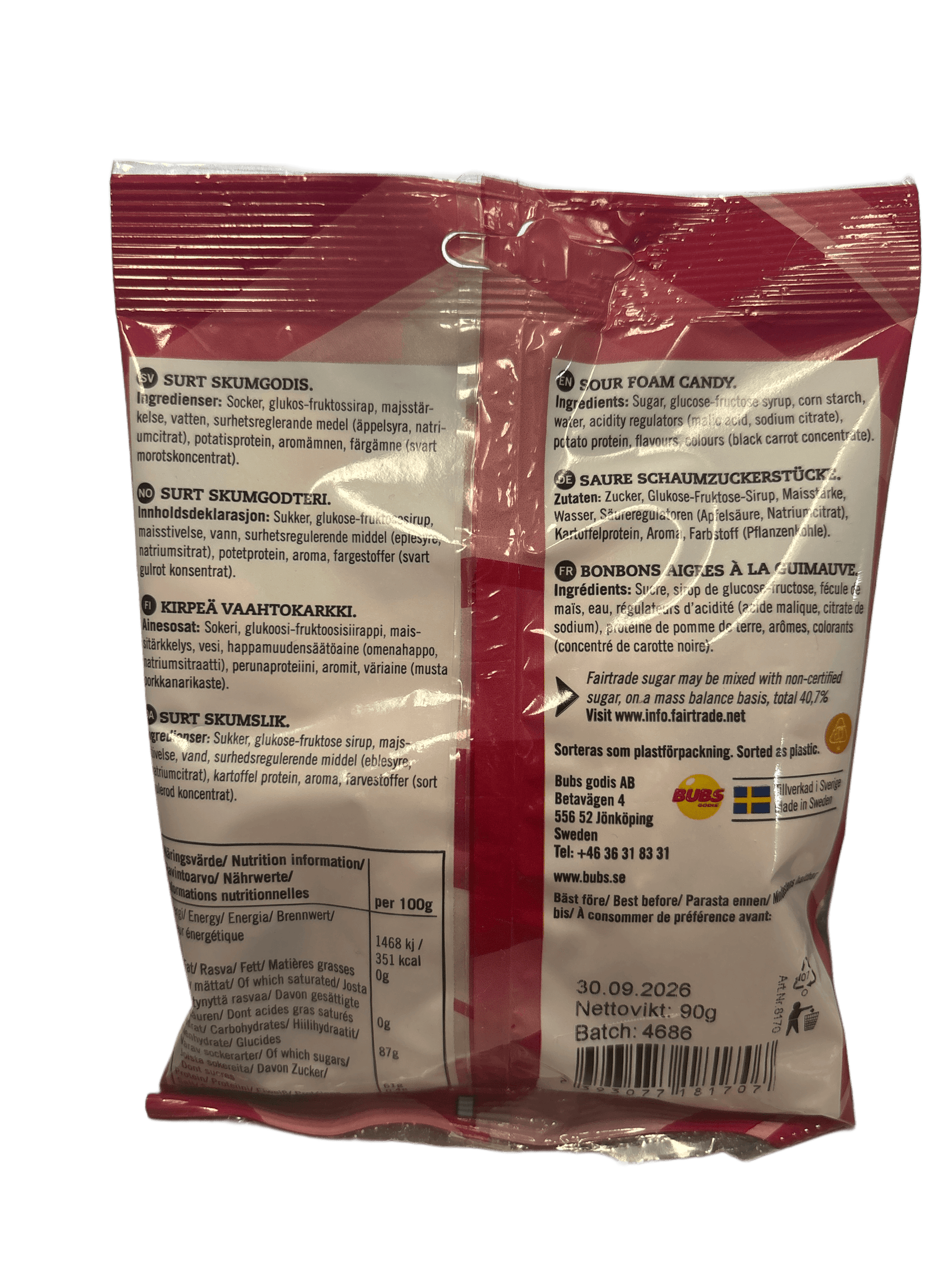 BUBS Godis Cool Hallon SKALLE Skum Candy Bag 90G - Swedish Edition - www.Shopthatapp.com