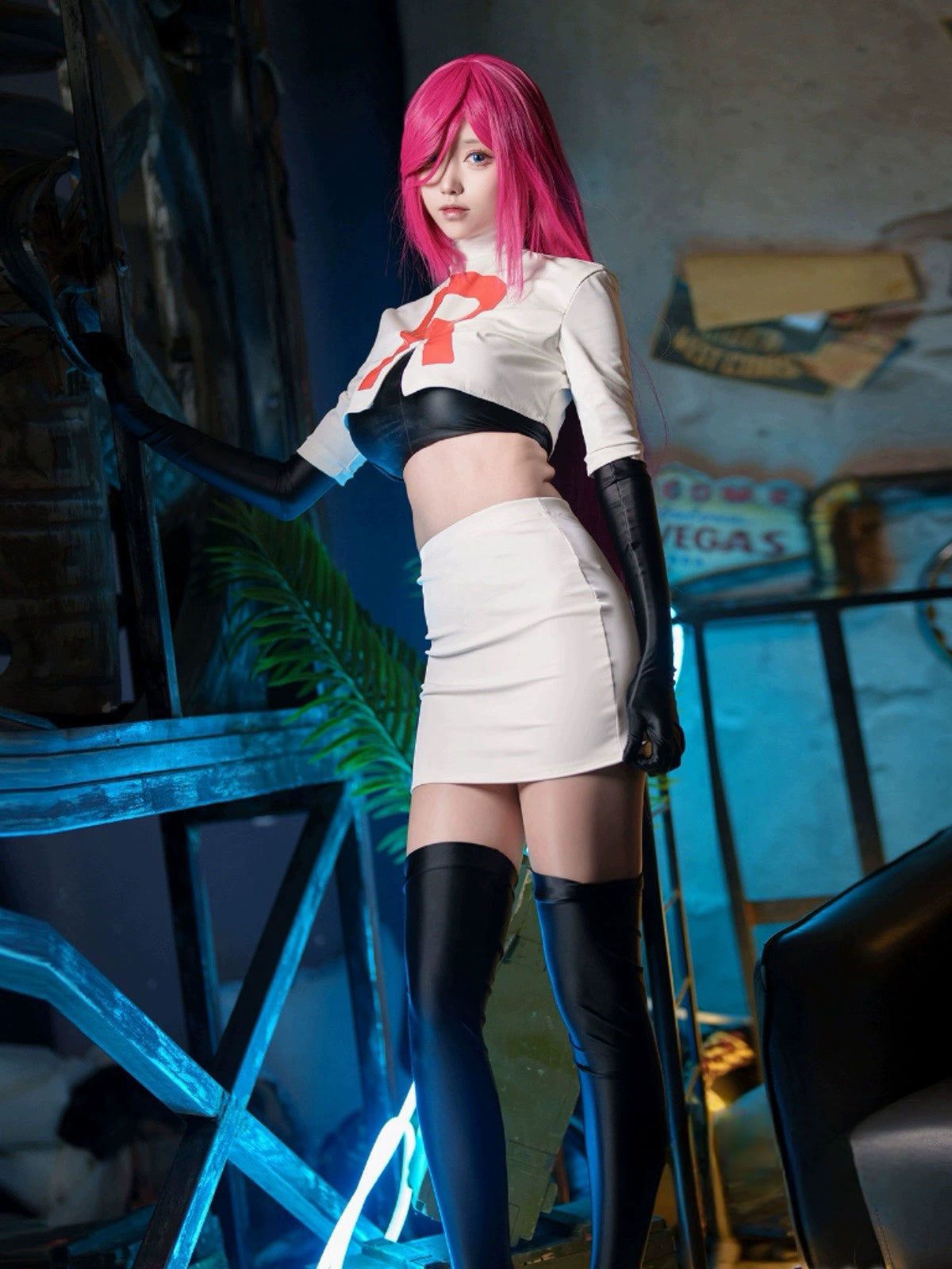 Anime Team Rocket Spandex Leather Cosplay Costume Set with Gloves and Skirt - www.Shopthatapp.com