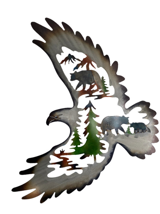 Alpine Sovereign: Majestic Eagle and Bears Metal Wall Art - www.Shopthatapp.com