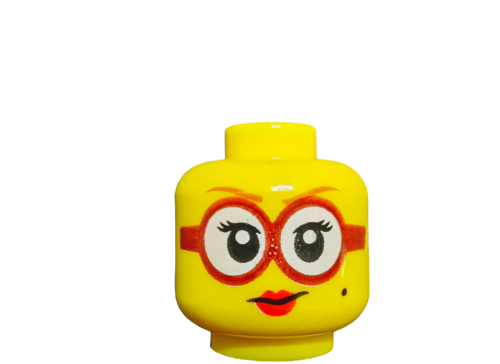 LEGO® 6329613 Minifigure Head, Red Glasses and happy smile. Red lipstick. - UB1013