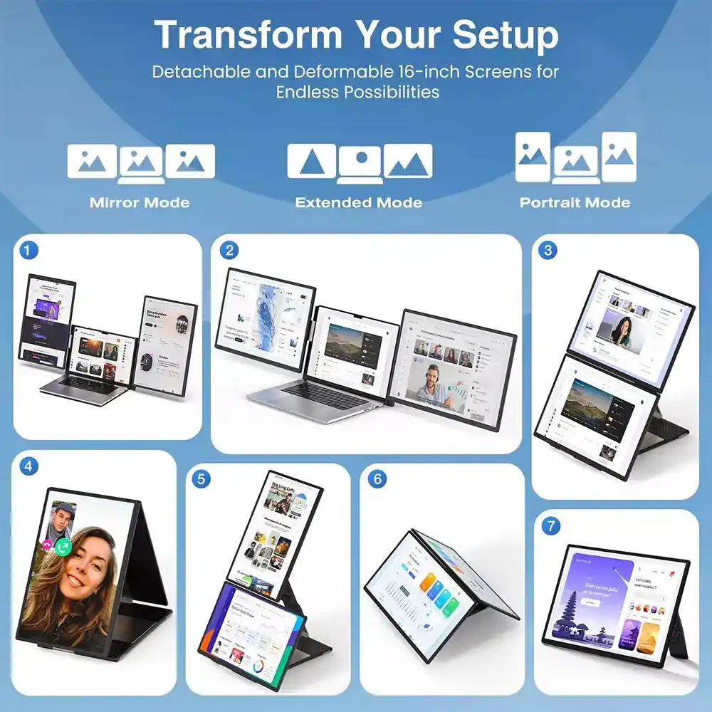TUTT 16” FHD Portable Monitor 16:10 Aspect Ratio | Triple Laptop Screen Extender | USB-C/HDMI 7 Viewing Modes | All Devices Compatible with Converter Cable (H5 Included) S7 Pro