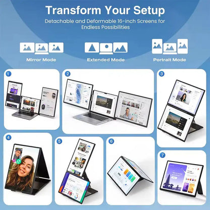 TUTT 16” FHD Portable Monitor 16:10 Aspect Ratio | Triple Laptop Screen Extender | USB-C/HDMI 7 Viewing Modes | All Devices Compatible with Converter Cable (H5 Included) S7 Pro