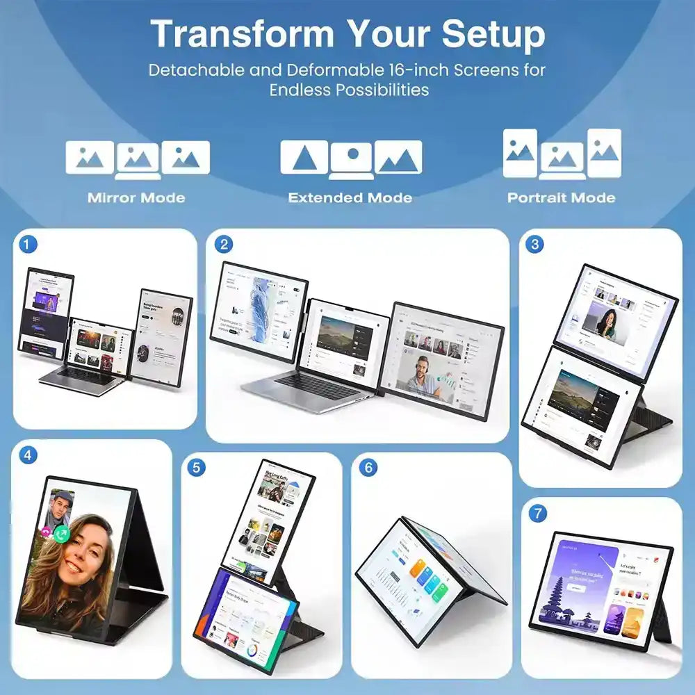 TUTT 16” FHD Portable Monitor 16:10 Aspect Ratio | Triple Laptop Screen Extender | USB-C/HDMI 7 Viewing Modes | All Devices Compatible with Converter Cable (H5 Included) S7 Pro - www.Shopthatapp.com
