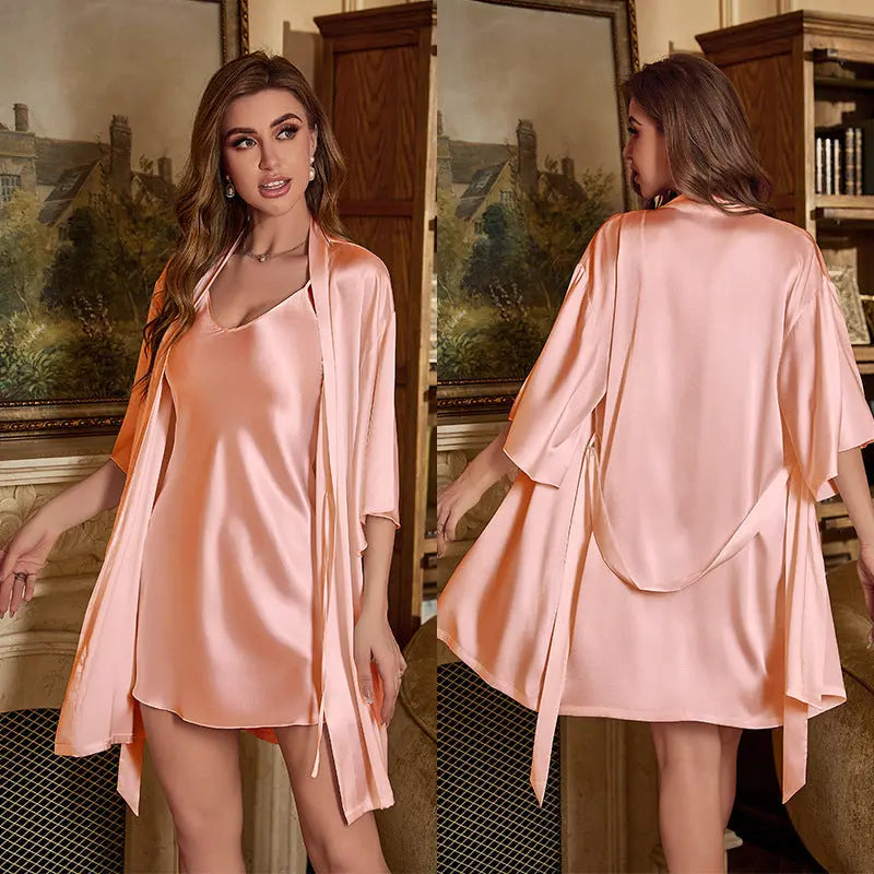 Ice Silk Pajamas For Women Summer Robe Two-piece Sling Sexy - www.Shopthatapp.com
