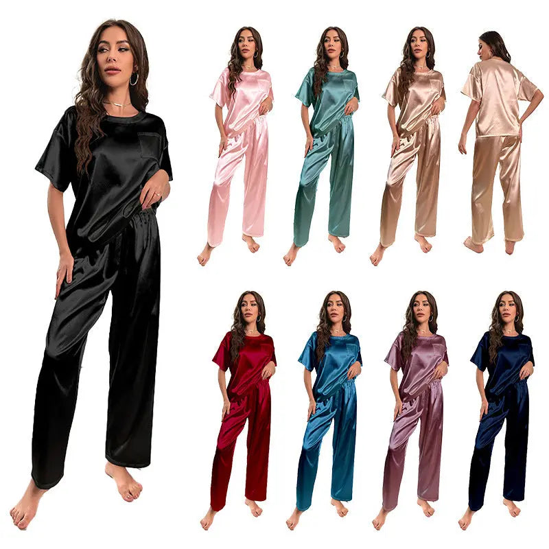 Ice Silk Pajamas For Women Summer Short Sleeve Trousers - www.Shopthatapp.com