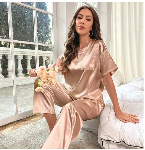 Ice Silk Pajamas For Women Summer Short Sleeve Trousers - www.Shopthatapp.com