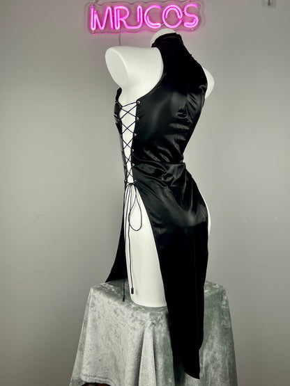 Vintage PU Leather Satin Cheongsam Lingerie Sexy Party Dress Costume - www.Shopthatapp.com