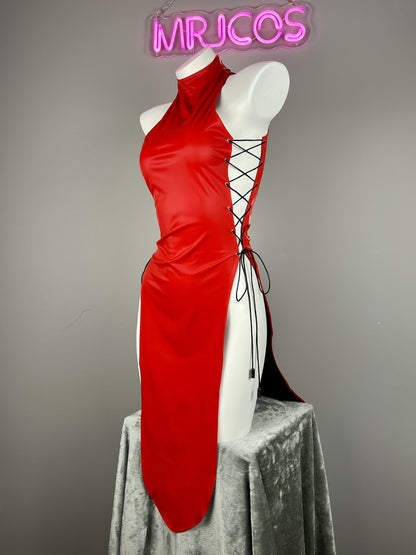 Vintage PU Leather Satin Cheongsam Lingerie Sexy Party Dress Costume - www.Shopthatapp.com