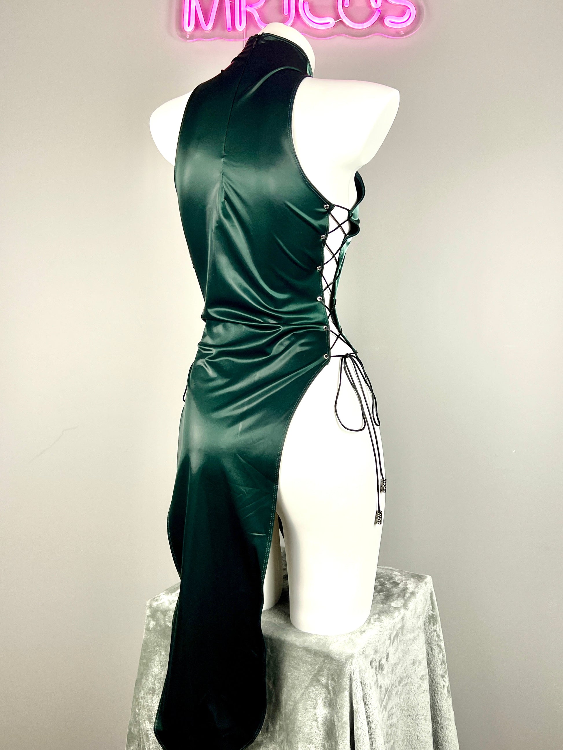 Vintage PU Leather Satin Cheongsam Lingerie Sexy Party Dress Costume - www.Shopthatapp.com