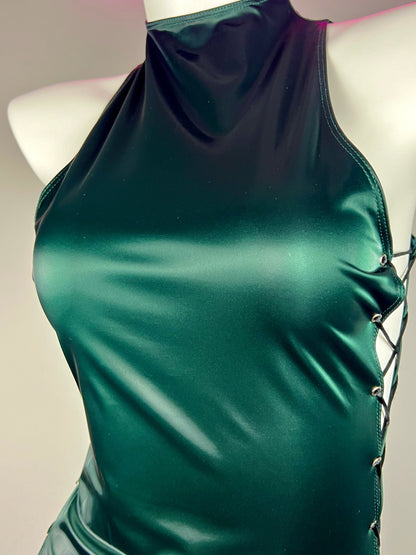 Vintage PU Leather Satin Cheongsam Lingerie Sexy Party Dress Costume - www.Shopthatapp.com