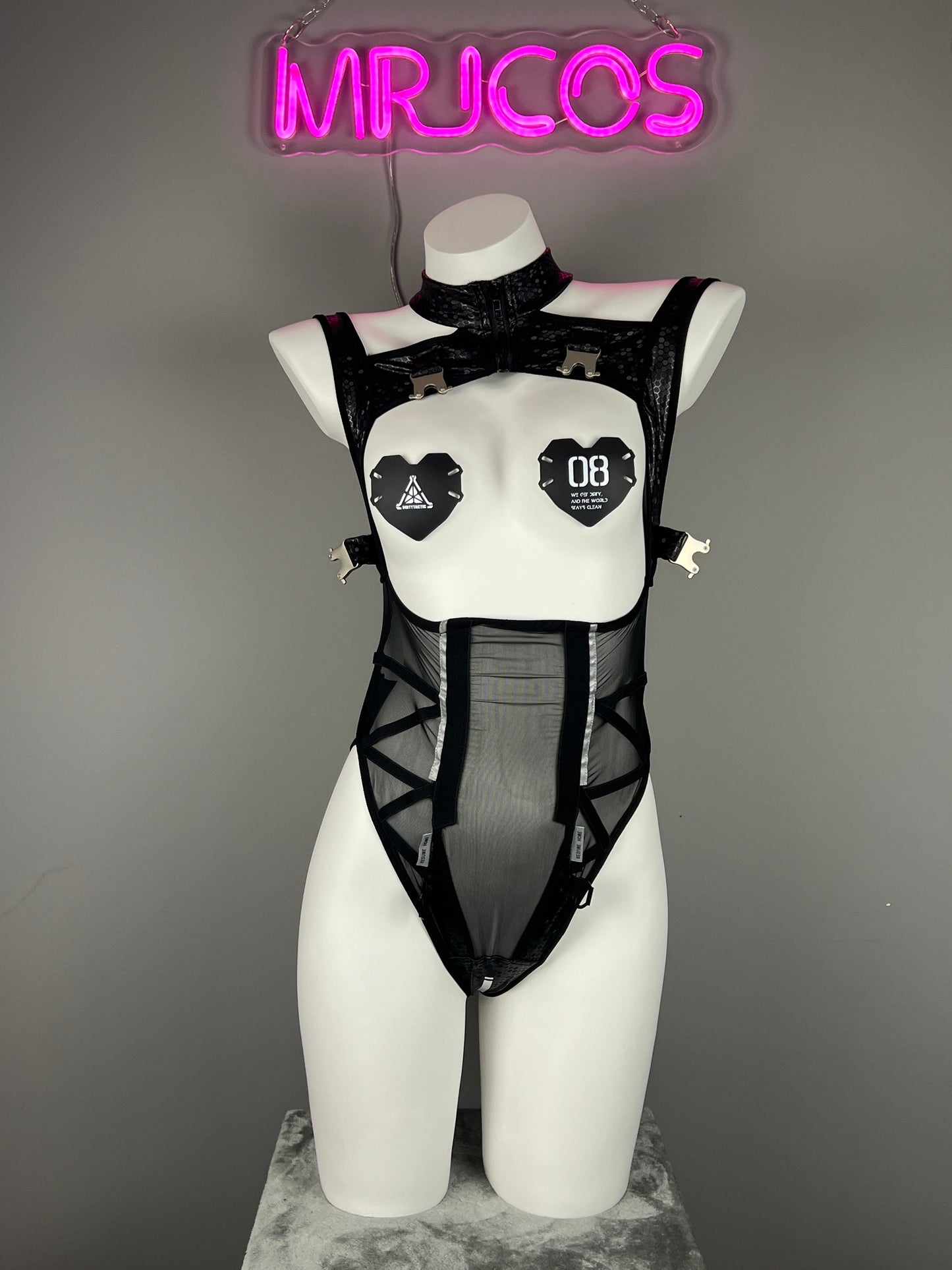 Tactical Anime Girl PU Leather Sheer Mesh Sexy Cosplay Bodysuit Costume - www.Shopthatapp.com