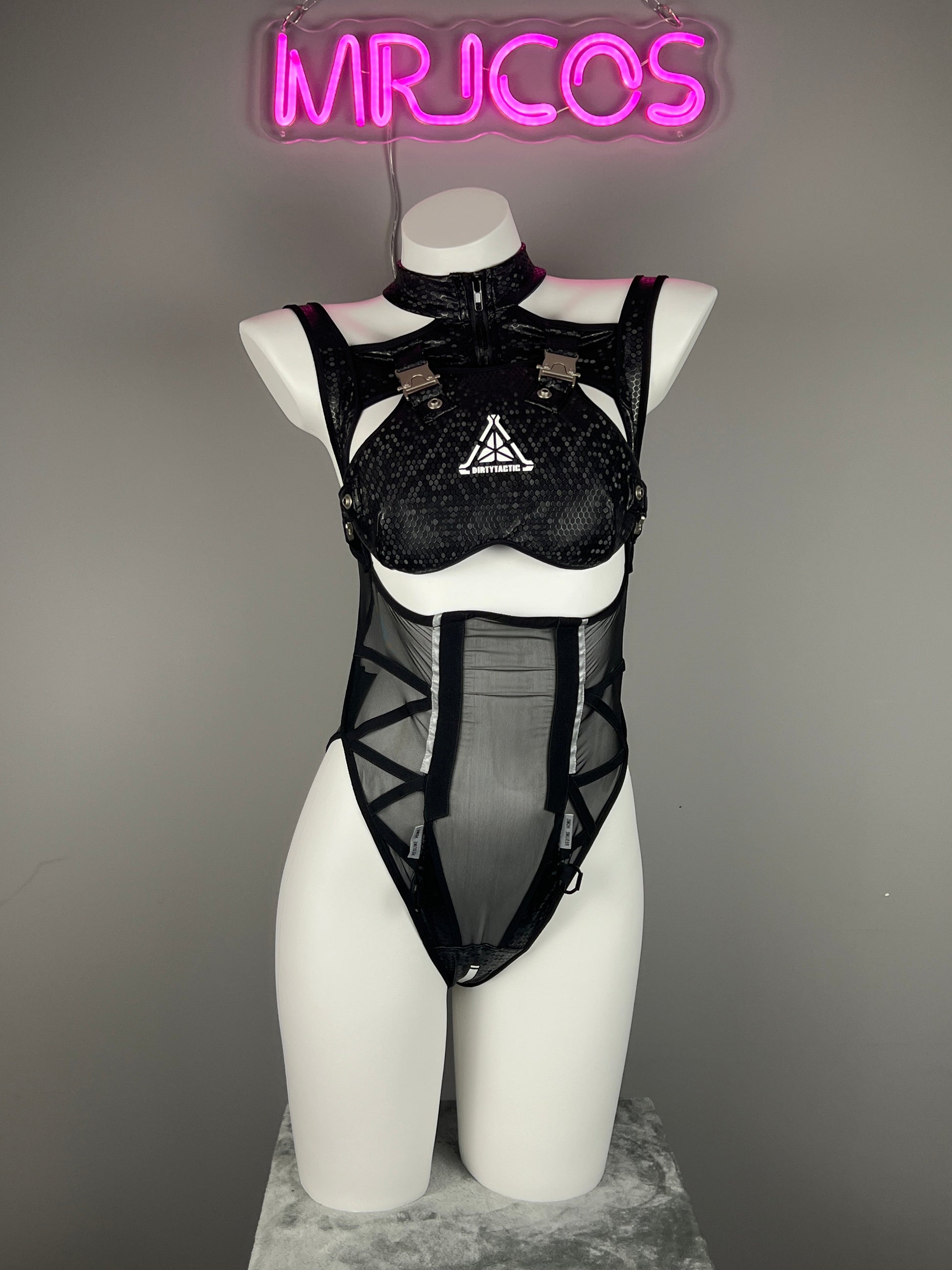 Tactical Anime Girl PU Leather Sheer Mesh Sexy Cosplay Bodysuit Costume - www.Shopthatapp.com