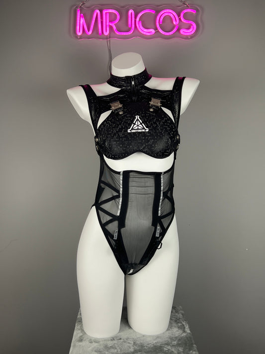 Tactical Anime Girl PU Leather Sheer Mesh Sexy Cosplay Bodysuit Costume - www.Shopthatapp.com
