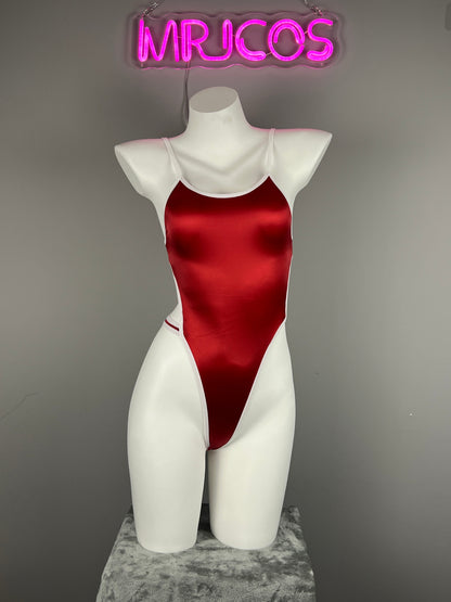 Women's High-Cut One-Piece Satin Spandex BodySuit Swimsuit with Side Cutouts - www.Shopthatapp.com