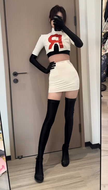 Anime Team Rocket Spandex Leather Cosplay Costume Set with Gloves and Skirt - www.Shopthatapp.com