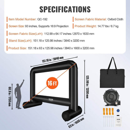 Inflatable Movie Screen, 16 FT Inflatable Projector Screen For Outside With Blower And Carrying Bag, Front Rear Projection, Oxford Fabric Blow Up Screen For Outdoor Parties Backyard Movie Nig - www.Shopthatapp.com #