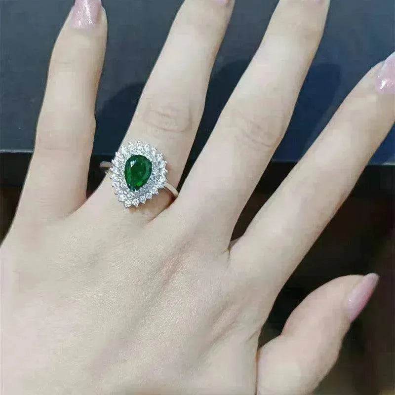 Ins Trendy Heart-shaped Emerald Water Drop Ring Full Diamond - www.Shopthatapp.com