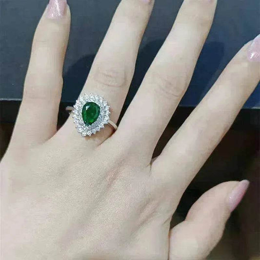 Ins Trendy Heart-shaped Emerald Water Drop Ring Full Diamond - www.Shopthatapp.com