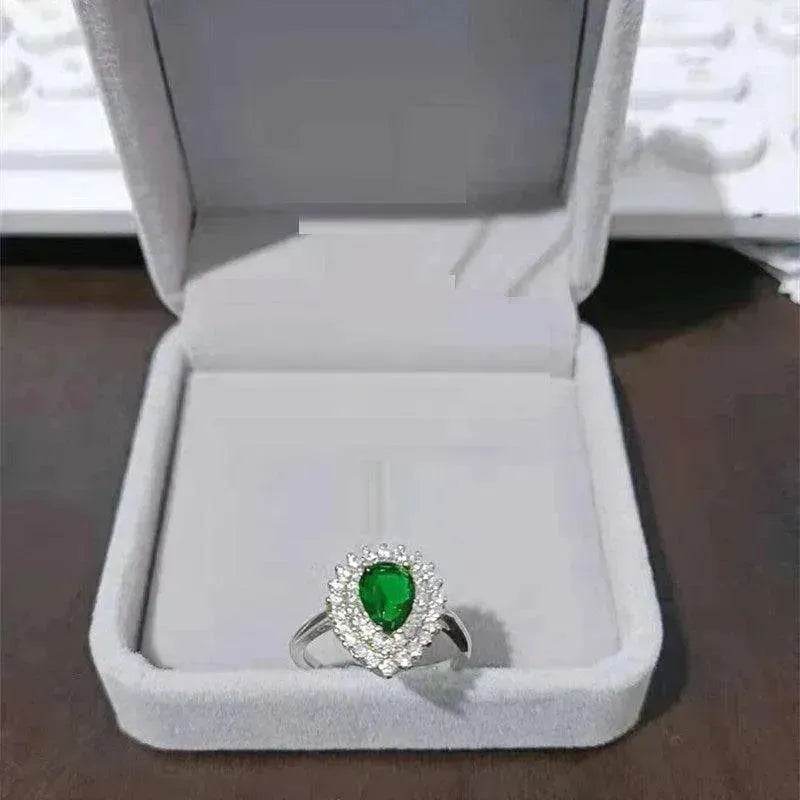Ins Trendy Heart-shaped Emerald Water Drop Ring Full Diamond - www.Shopthatapp.com