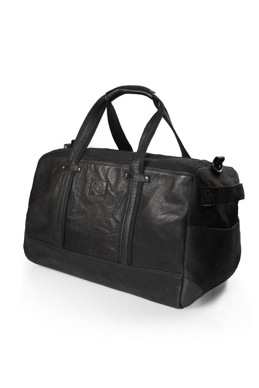 K0024AB | Borsone da Viaggio en toile/Vera Pelle, pieno fiore, volanata - Colore Nero. Accessoires Nickel Anticato, Chiusura con lampo. Dimensions: cm 48 x 31 x 22 - Confezione: Sacchetto Tnt