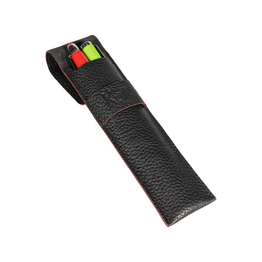 K0028AB | Custodia per Penne in Vera Pelle pieno fiore, grana dollaro - Colore Nero con bordi Rossi - Dimensioni: cm 4,5 x 16,5 x 1 - Confezione: Scatola regalo fondo/coperchio - www.Shopthatapp.com