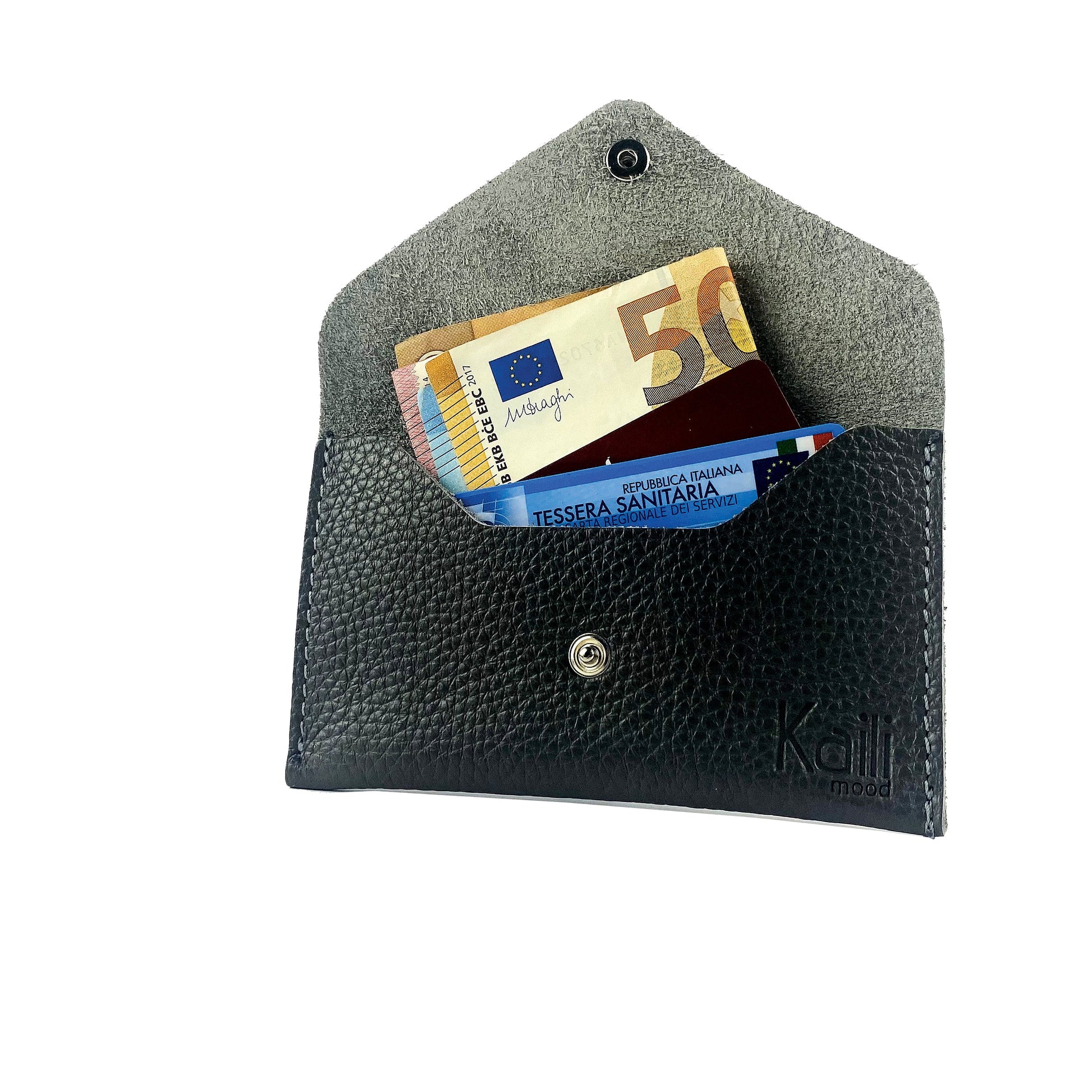 K0040AB | Bustina con pattina Made in Italy in Vera Pelle pieno fiore, grana dollaro - Colore Nero - Dimensioni: cm 13 x 8 x 0,5 - Confezione: Gift Box rigido fondo/coperchio - www.Shopthatapp.com