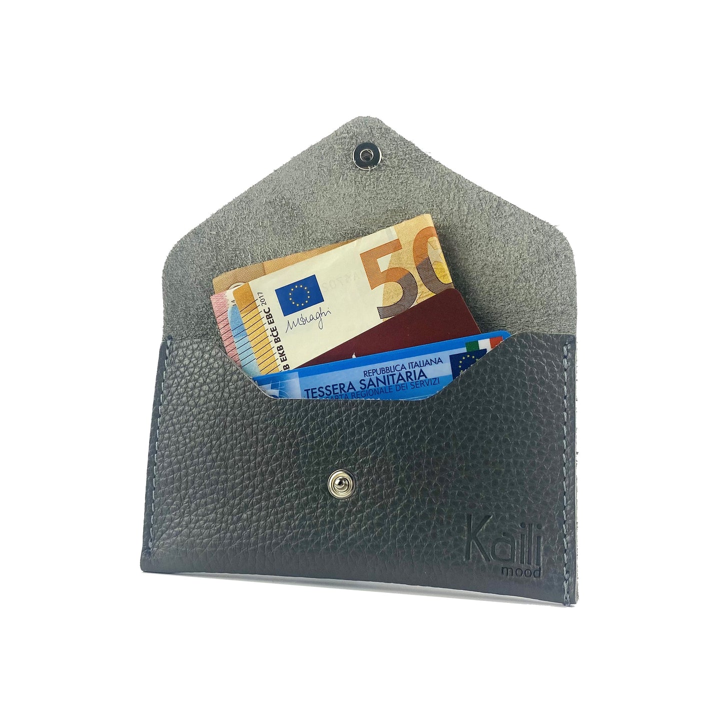 K0040FB | Bustina con pattina, hergestellt in Italien in Vera Pelle pieno fiore, grana dollaro – Farbe Grigio – Maße: cm 13 x 8 x 0,5 – Konfektion: Geschenkbox starrer Fondo/Coperchio