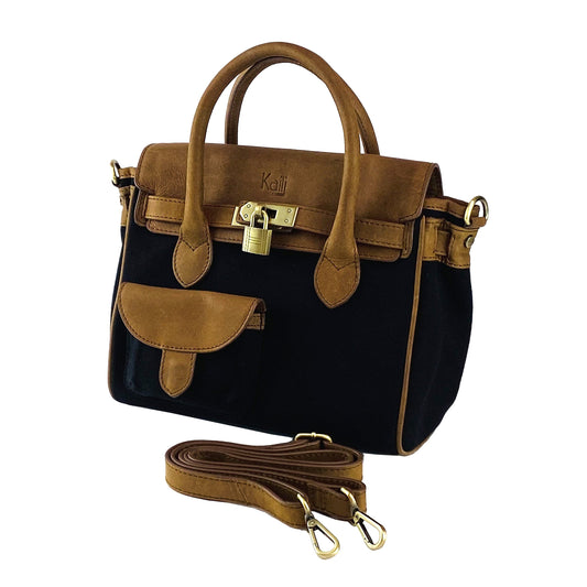 K0042ACB | Borsa a Mano Mini en Toile/Vera Pelle Fabriqué en Italie. Tracolla amovible. Attacchi con moschettoni in metallo Ottone Anticato - Colore Nero - Dimensions: cm 24 x 20 x 12