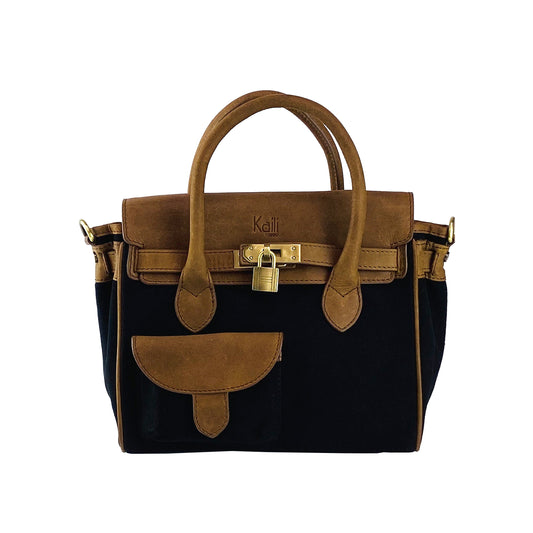 K0042ACB | Borsa a Mano Mini in Canvas/Vera Pelle Made in Italy. Tracolla removibile. Attacchi con moschettoni in metallo Ottone Anticato - Colore Nero - Dimensioni: cm 24 x 20 x 12 - www.Shopthatapp.com