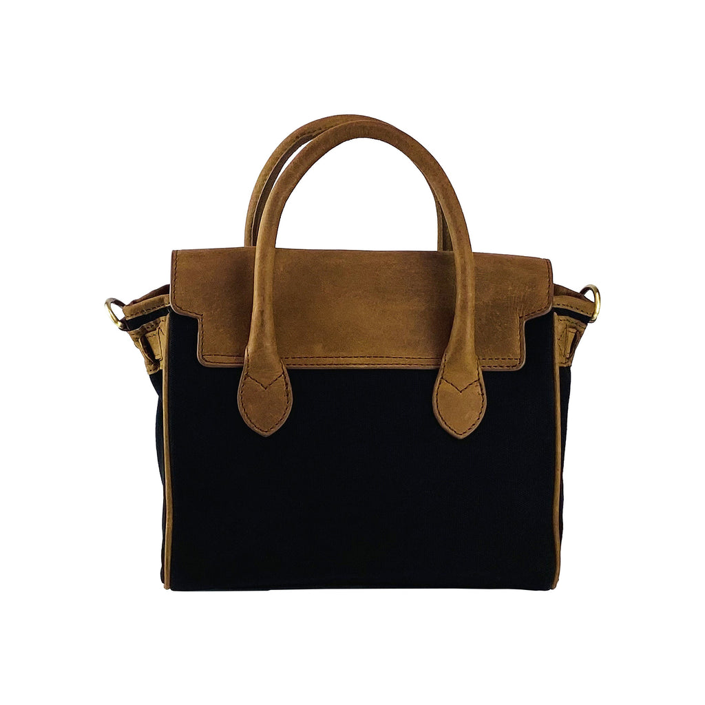 K0042ACB | Borsa a Mano Mini in Canvas/Vera Pelle Made in Italy. Tracolla removibile. Attacchi con moschettoni in metallo Ottone Anticato - Colore Nero - Dimensioni: cm 24 x 20 x 12 - www.Shopthatapp.com