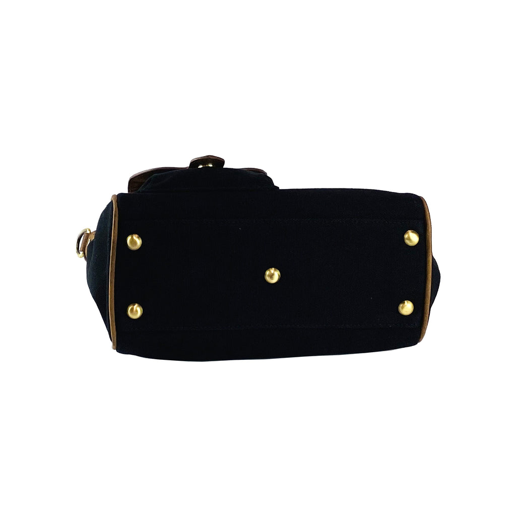 K0042ACB | Borsa a Mano Mini in Canvas/Vera Pelle Made in Italy. Tracolla removibile. Attacchi con moschettoni in metallo Ottone Anticato - Colore Nero - Dimensioni: cm 24 x 20 x 12 - www.Shopthatapp.com