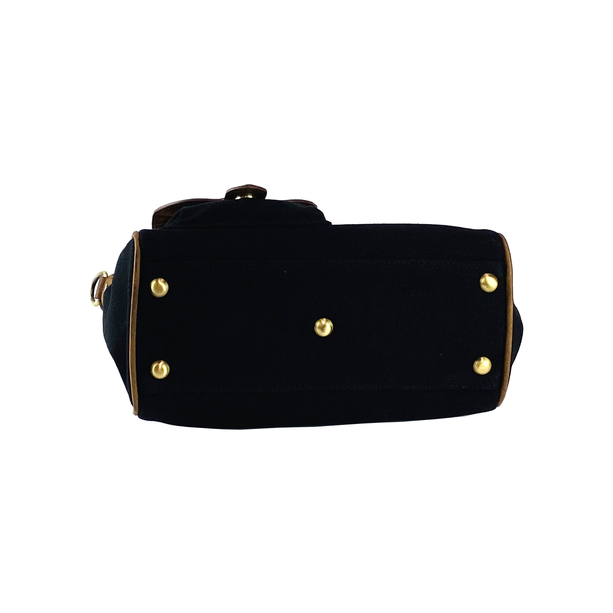 K0042ACB | Borsa a Mano Mini in Canvas/Vera Pelle Made in Italy. Tracolla removibile. Attacchi con moschettoni in metallo Ottone Anticato - Colore Nero - Dimensioni: cm 24 x 20 x 12 - www.Shopthatapp.com