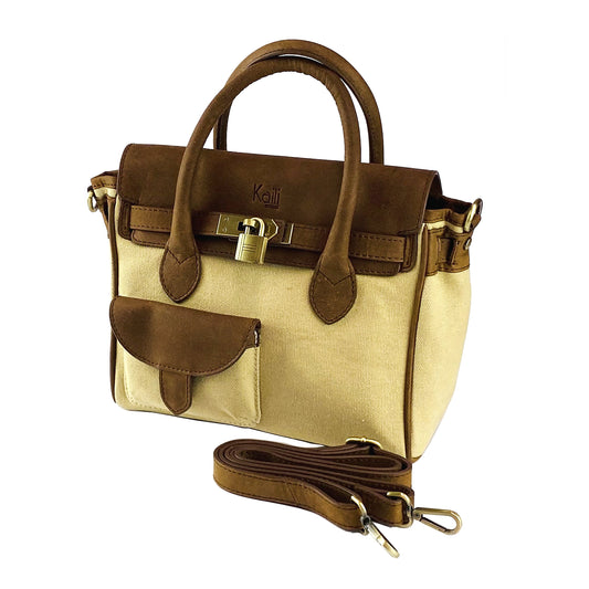 K0042ALCB | Borsa a Mano Mini en Toile/Vera Pelle Fabriqué en Italie. Tracolla amovible. Attaches avec mousquetons en métal Ottone Anticato - Colore Corda - Dimensions: cm 24 x 20 x 12