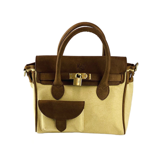 K0042ALCB | Borsa a Mano Mini in Canvas/Vera Pelle Made in Italy. Tracolla removibile. Attacchi con moschettoni in metallo Ottone Anticato - Colore Corda - Dimensioni: cm 24 x 20 x 12 - www.Shopthatapp.com
