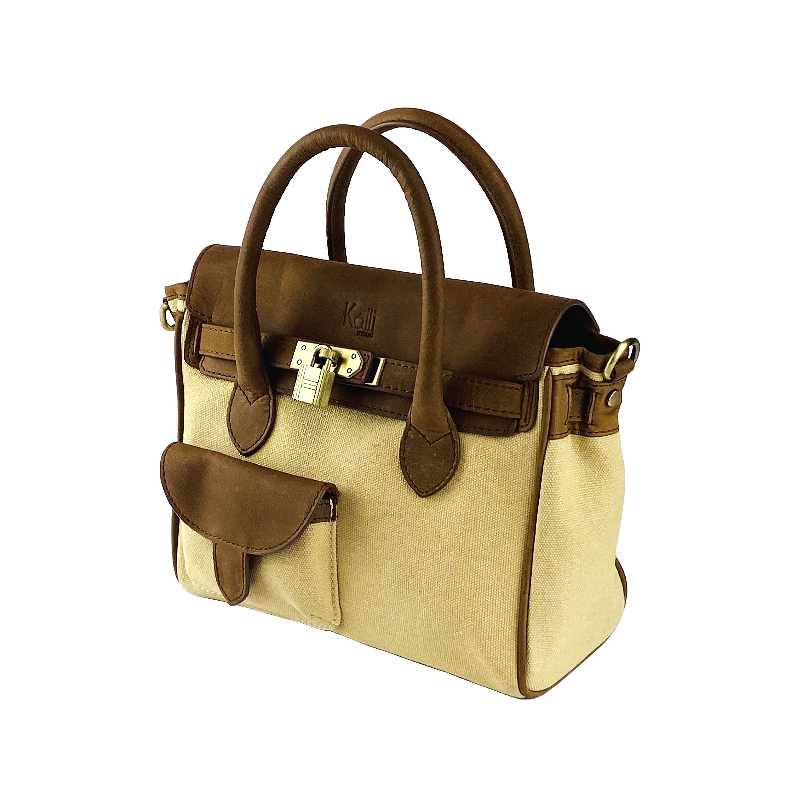 K0042ALCB | Borsa a Mano Mini in Canvas/Vera Pelle Made in Italy. Tracolla removibile. Attacchi con moschettoni in metallo Ottone Anticato - Colore Corda - Dimensioni: cm 24 x 20 x 12 - www.Shopthatapp.com