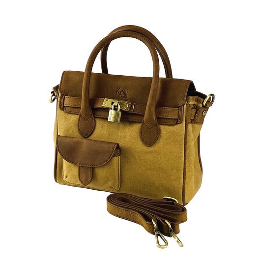 K0042BACB | Borsa a Mano Mini en Toile/Vera Pelle Fabriqué en Italie. Tracolla amovible. Attacchi con moschettoni in metallo Ottone Anticato - Colore Nocciola - Dimensions: cm 24 x 20 x 12