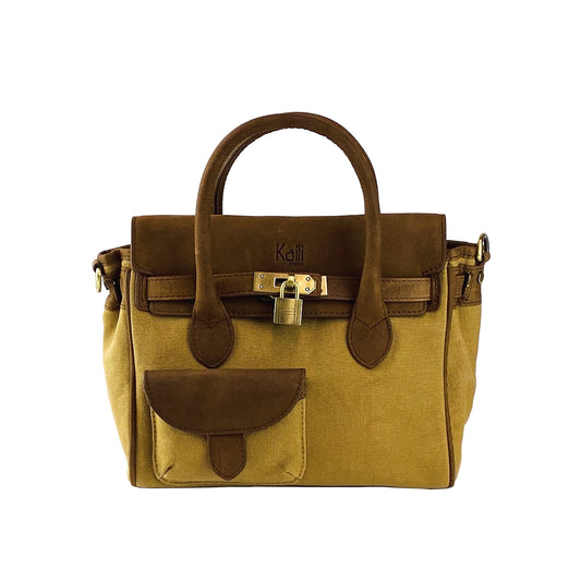 K0042BACB | Borsa a Mano Mini in Canvas/Vera Pelle Made in Italy. Tracolla removibile. Attacchi con moschettoni in metallo Ottone Anticato - Colore Nocciola - Dimensioni: cm 24 x 20 x 12 - www.Shopthatapp.com