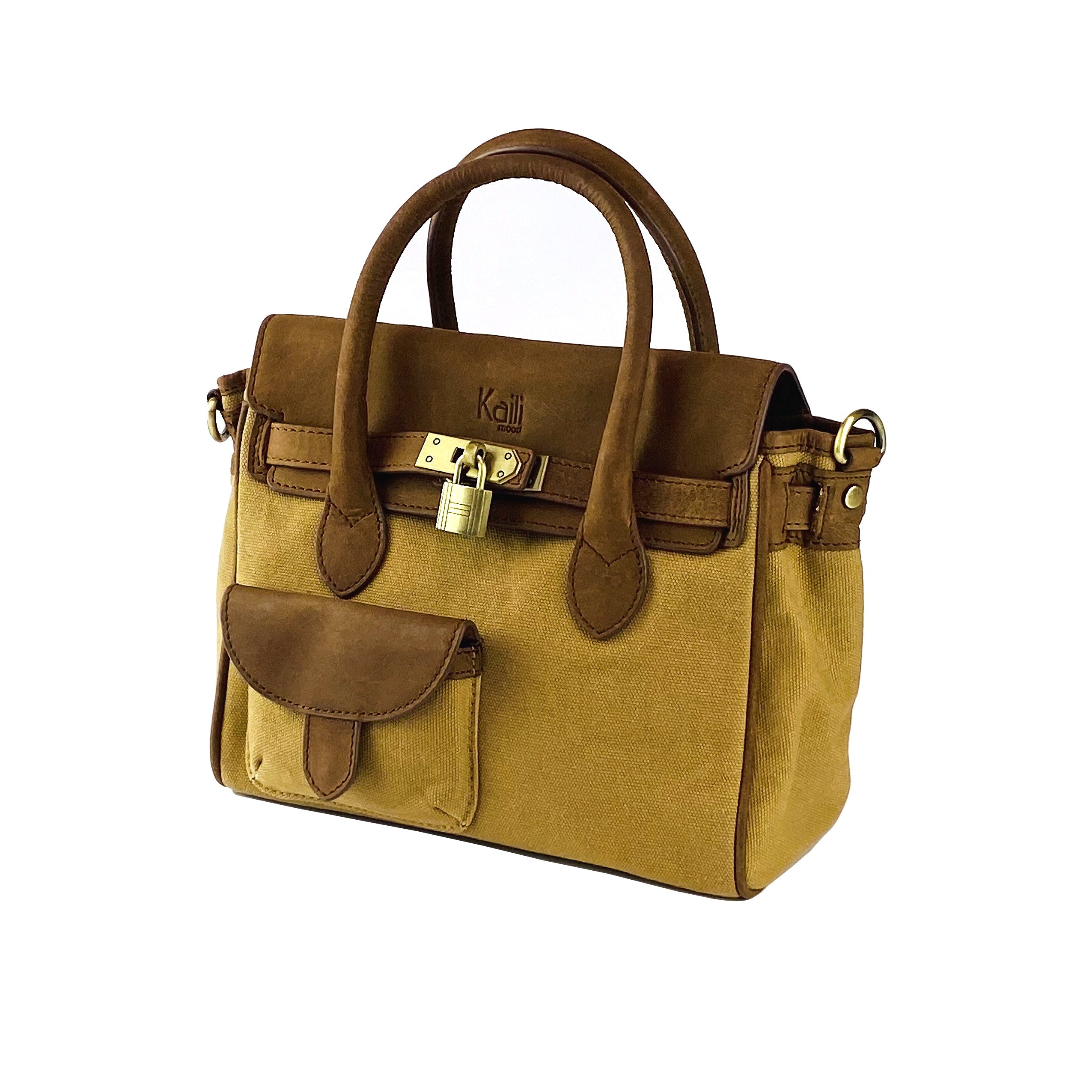 K0042BACB | Borsa a Mano Mini in Canvas/Vera Pelle Made in Italy. Tracolla removibile. Attacchi con moschettoni in metallo Ottone Anticato - Colore Nocciola - Dimensioni: cm 24 x 20 x 12 - www.Shopthatapp.com