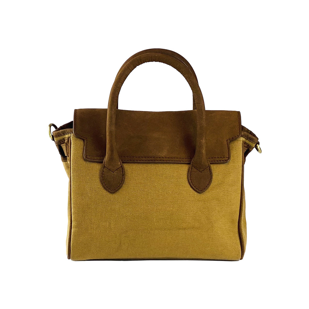 K0042BACB | Borsa a Mano Mini in Canvas/Vera Pelle Made in Italy. Tracolla removibile. Attacchi con moschettoni in metallo Ottone Anticato - Colore Nocciola - Dimensioni: cm 24 x 20 x 12 - www.Shopthatapp.com
