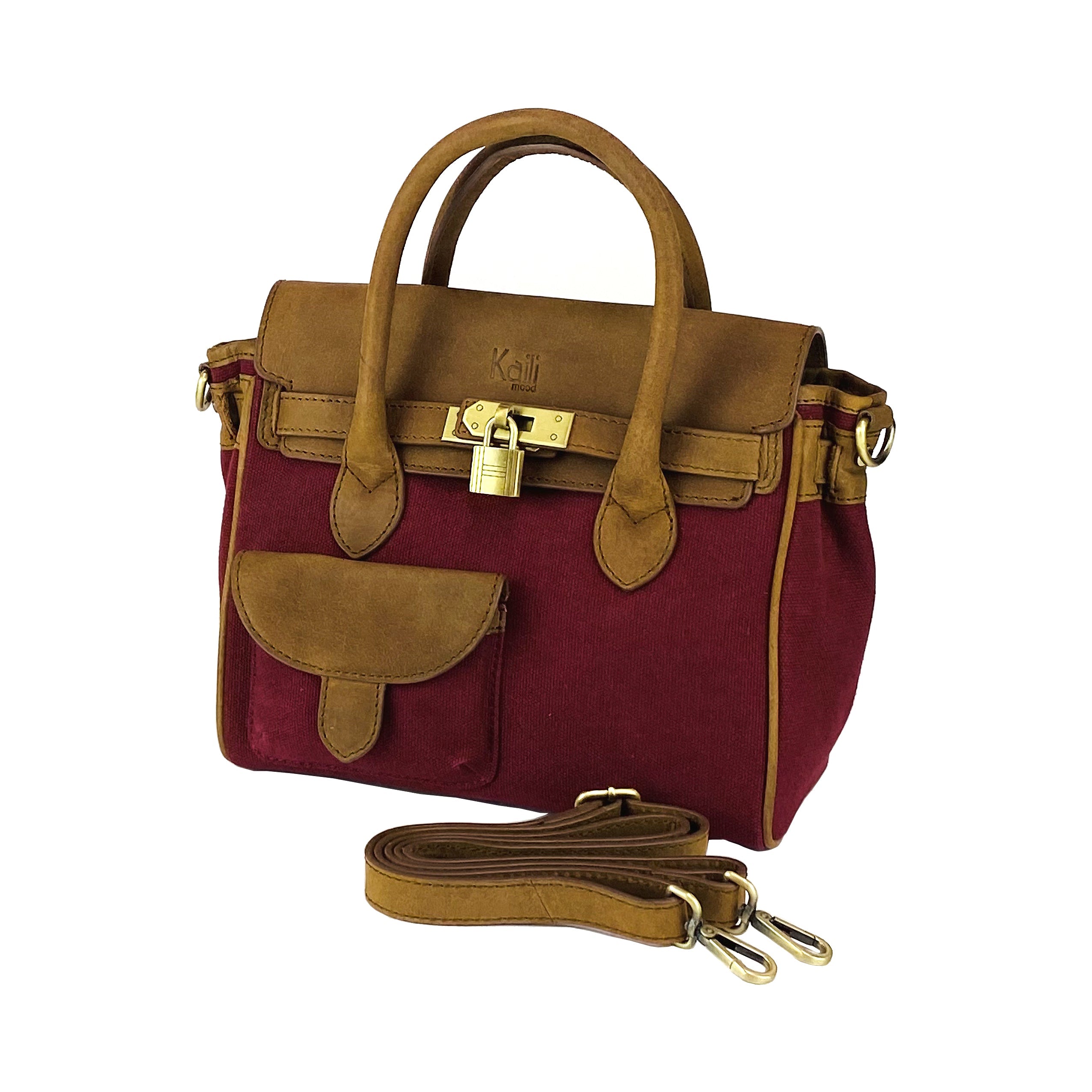 K0042XCB | Borsa a Mano Mini in Canvas/Vera Pelle Made in Italy. Tracolla removibile. Attacchi con moschettoni in metallo Ottone Anticato - Colore Bordeaux - Dimensioni: cm 24 x 20 x 12 - www.Shopthatapp.com