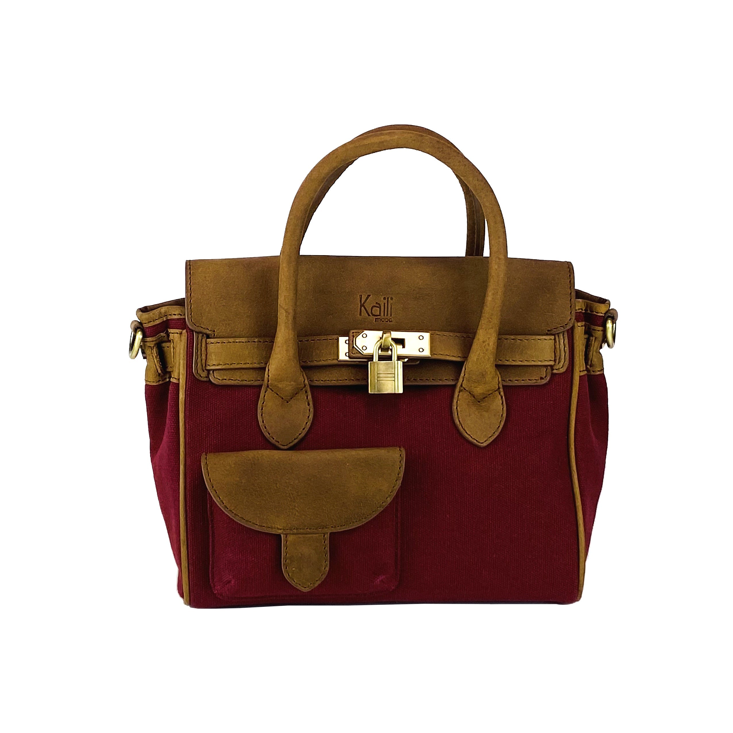 K0042XCB | Borsa a Mano Mini in Canvas/Vera Pelle Made in Italy. Tracolla removibile. Attacchi con moschettoni in metallo Ottone Anticato - Colore Bordeaux - Dimensioni: cm 24 x 20 x 12 - www.Shopthatapp.com