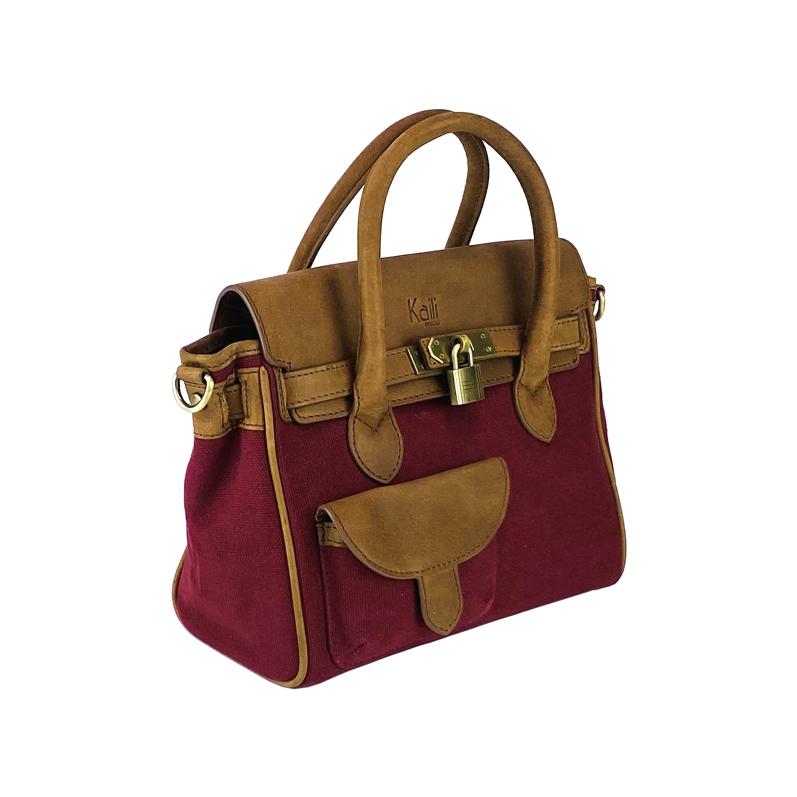 K0042XCB | Borsa a Mano Mini in Canvas/Vera Pelle Made in Italy. Tracolla removibile. Attacchi con moschettoni in metallo Ottone Anticato - Colore Bordeaux - Dimensioni: cm 24 x 20 x 12 - www.Shopthatapp.com