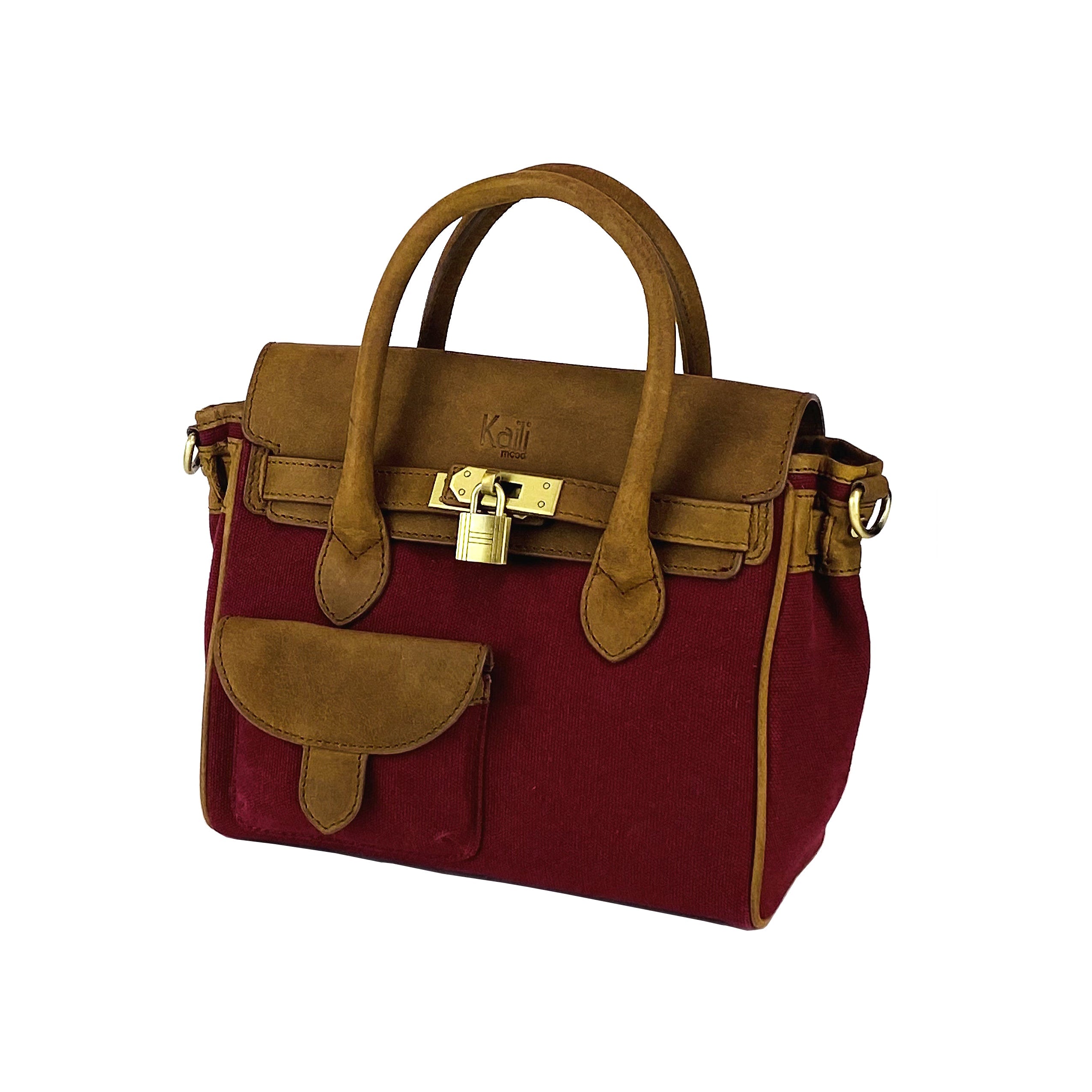 K0042XCB | Borsa a Mano Mini in Canvas/Vera Pelle Made in Italy. Tracolla removibile. Attacchi con moschettoni in metallo Ottone Anticato - Colore Bordeaux - Dimensioni: cm 24 x 20 x 12 - www.Shopthatapp.com