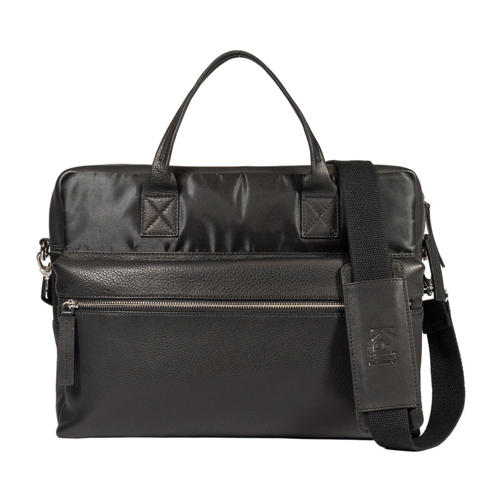 K0043AB | Briefcase in Nylon Waterproof/Vera Pelle pieno fiore con leggera grana - Colore Nero - Pochette interna - Accessori Silver lucido - Dimensioni cm 39 x 30 x 12 - Confezione: Sacchetto Tnt - www.Shopthatapp.com