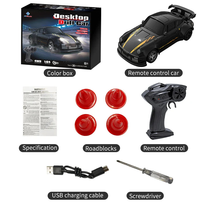 KF20 1:64 4WD Mini RC Drift Car - Desktop Racing, LED Lights, Type-C Charging - www.Shopthatapp.com #