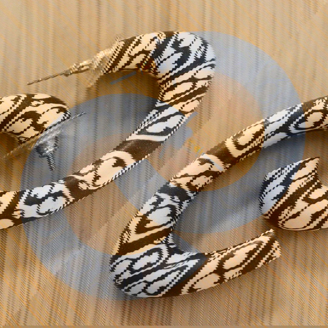 LARGE Polymer Clay Printed hoop earrings - Charcoal Grey and Cream-Jewellery-www.Shopthatapp.com-Alma Rosa Jewelry