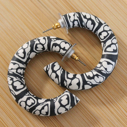 LARGE Polymer Clay Printed hoop earrings - Charcoal Grey and Cream-Jewellery-www.Shopthatapp.com-Alma Rosa Jewelry
